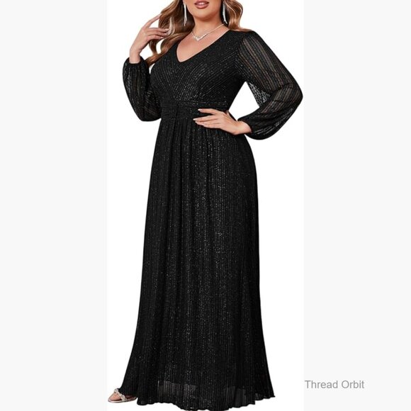 Dresses & Skirts - Plus Size Sparkly Lace Formal Maxi Dress V Neck Cocktail Evening Gown
